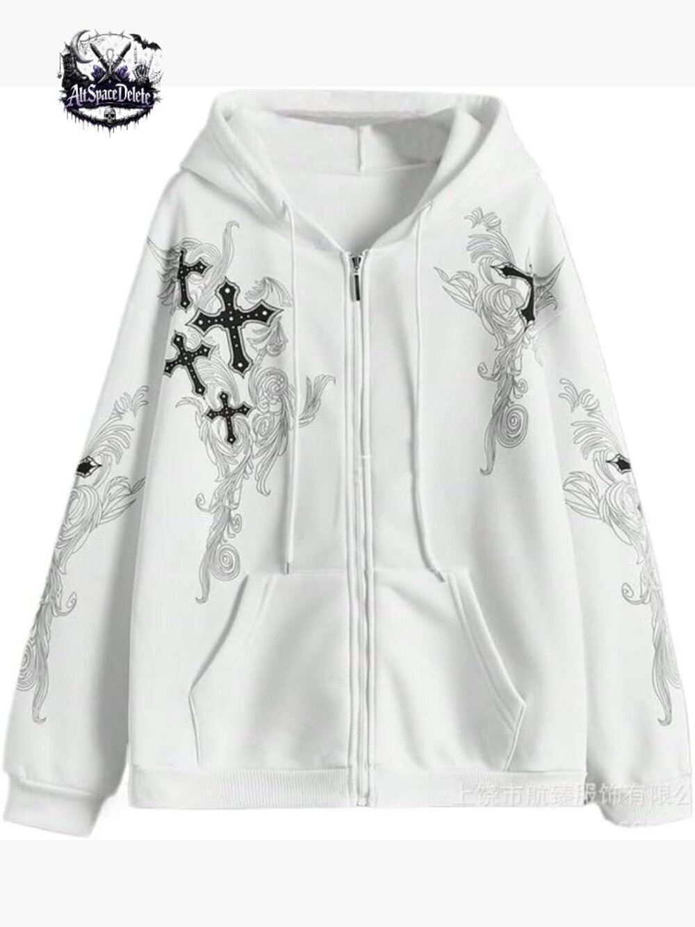 Oversized Zip Up Hoodie with Gothic Cross Graphic, Unisex Fleece Jacket